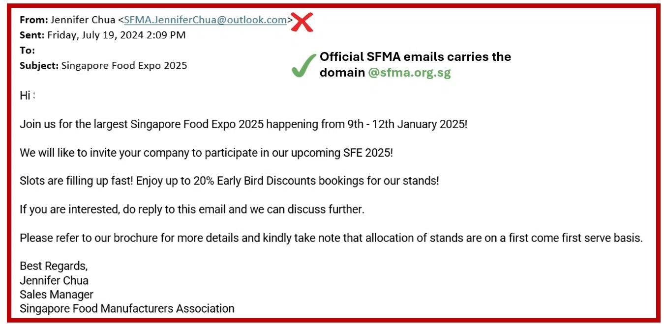 诈骗电邮的域名为“outlook.com”，而实际的电邮域名应为“sfma.org.sg”。（受访者提供）