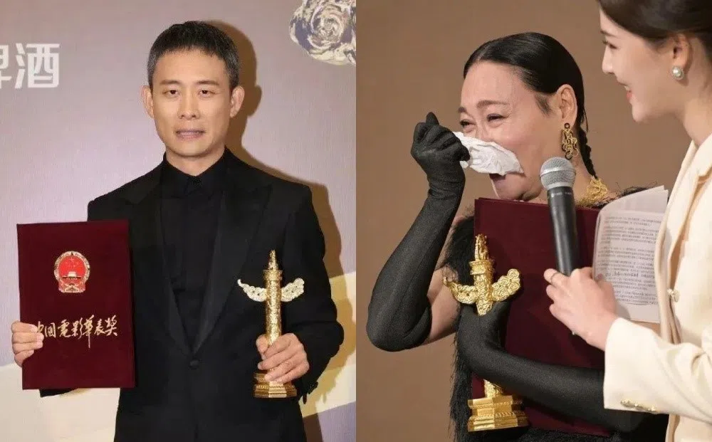 张译（左图）第二次获得优秀男演员奖，惠英红得奖后泪洒现场。（互联网）
