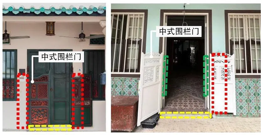 私宅属受保留建筑，大门外还有中式围栏矮木门，要怎么安装扶手才恰当？根据市区重建局推出的私宅乐龄易操作指南，扶手不可直接安装在矮木门上，或者木门外的墙上（红色区域），以免木门无法向外打开；应把扶手安装在矮木门与大门门框之间（绿色区域）。大门出入口单级台阶也可安装斜坡道，但须以螺栓固定在台阶上（黄色区域）。（取自市区重建局操作指南）