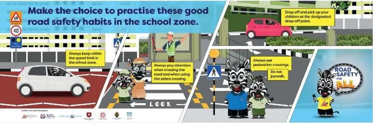 本地所有小学会放置公路安全的海报与旗帜，强调在校区遵守道路安全规则的重要性，从而提高校区的道路安全。（新加坡公路安全理事会提供）