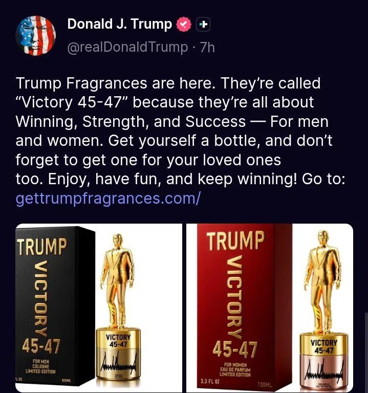 特朗普说，香水分为男款和女款，并推荐民众应该为自己和亲友都买一瓶。（取自Truth Social）