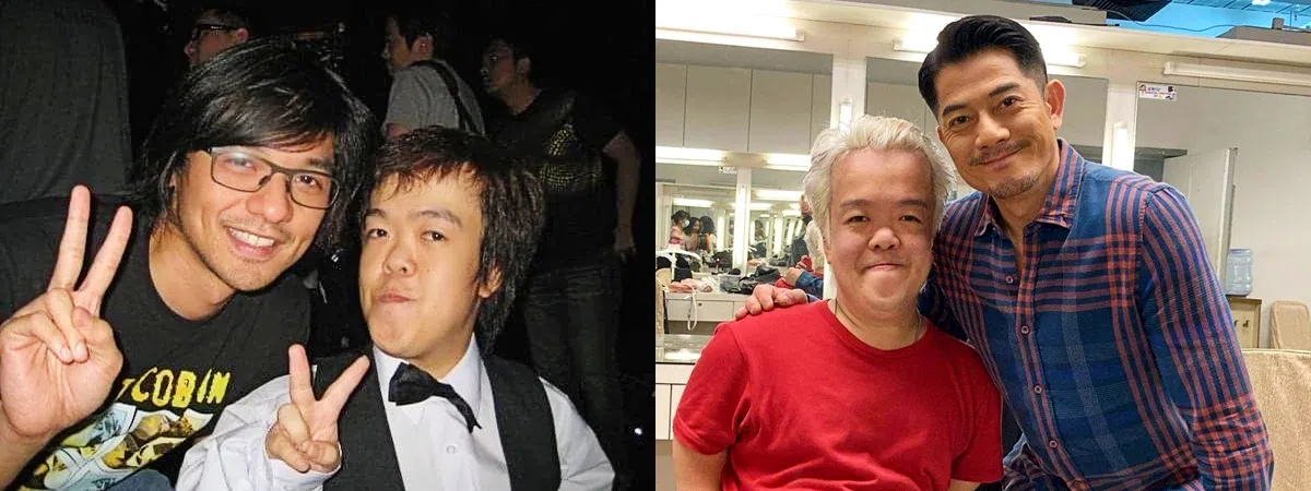 邓子超（左图右起）2008年因冯德伦，获得第一次演出的机会。右图为他跟郭富城的合照。（互联网）