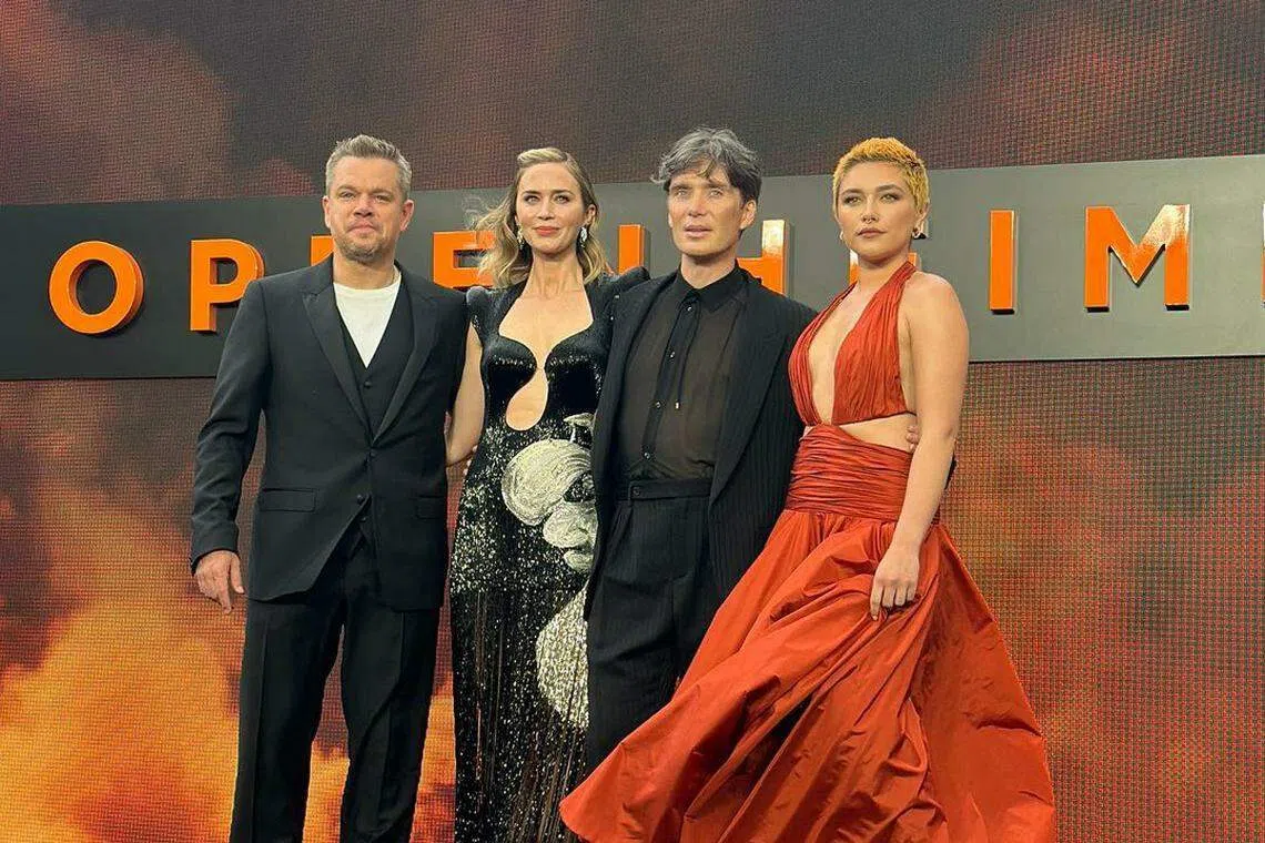 （左起）Matt Damon、Emily Blunt、Cillian Murphy和Florence Pugh为支持罢工缺席电影《Oppenheimer》的伦敦首映礼。（取自Oppenheimer官方IG）