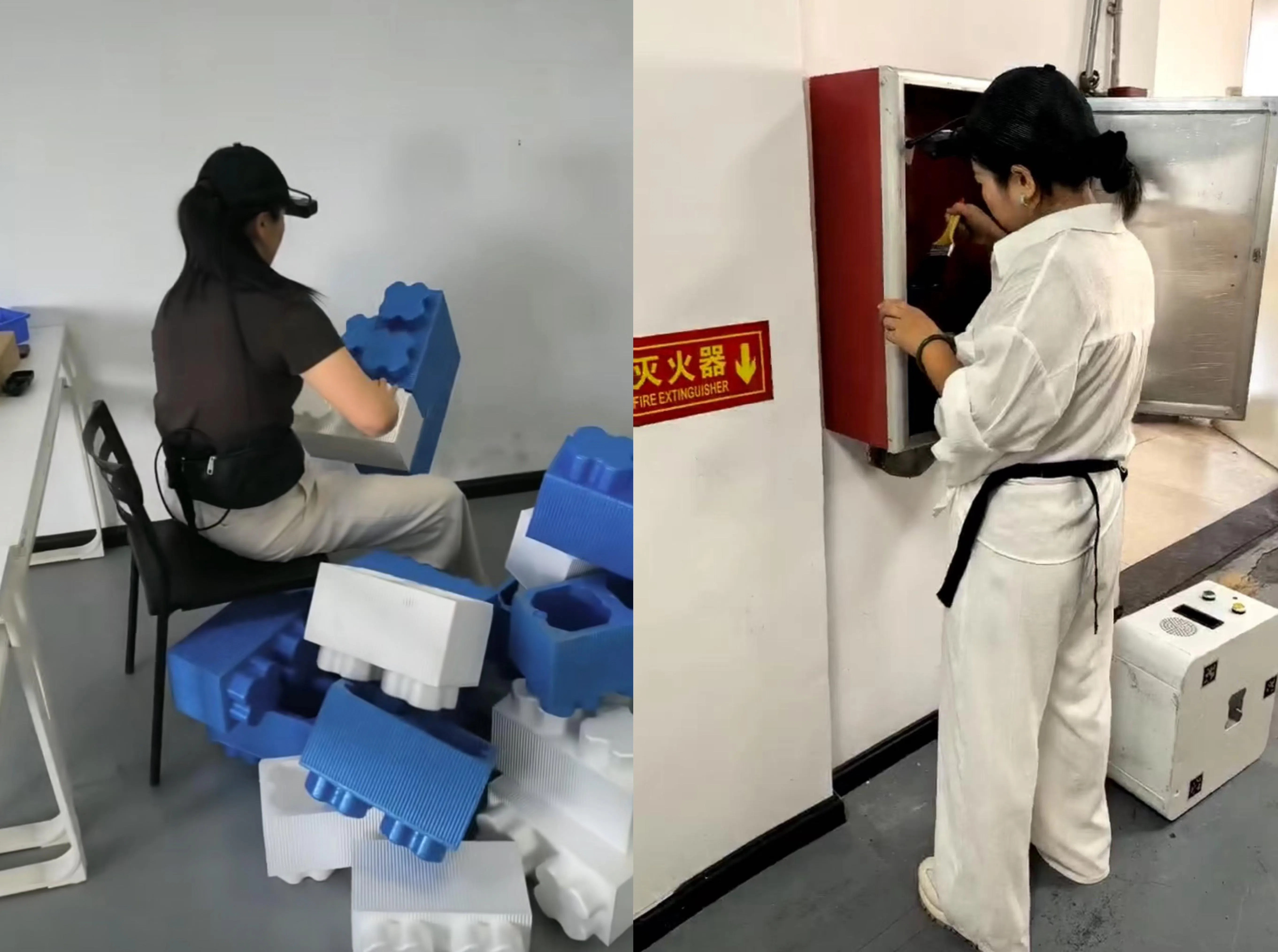在广州铠传科技数据采集基地，数采员戴着采集设备做不同的家务活，包括整理物品（左）以及清洁消防栓箱内部。（受访者提供）