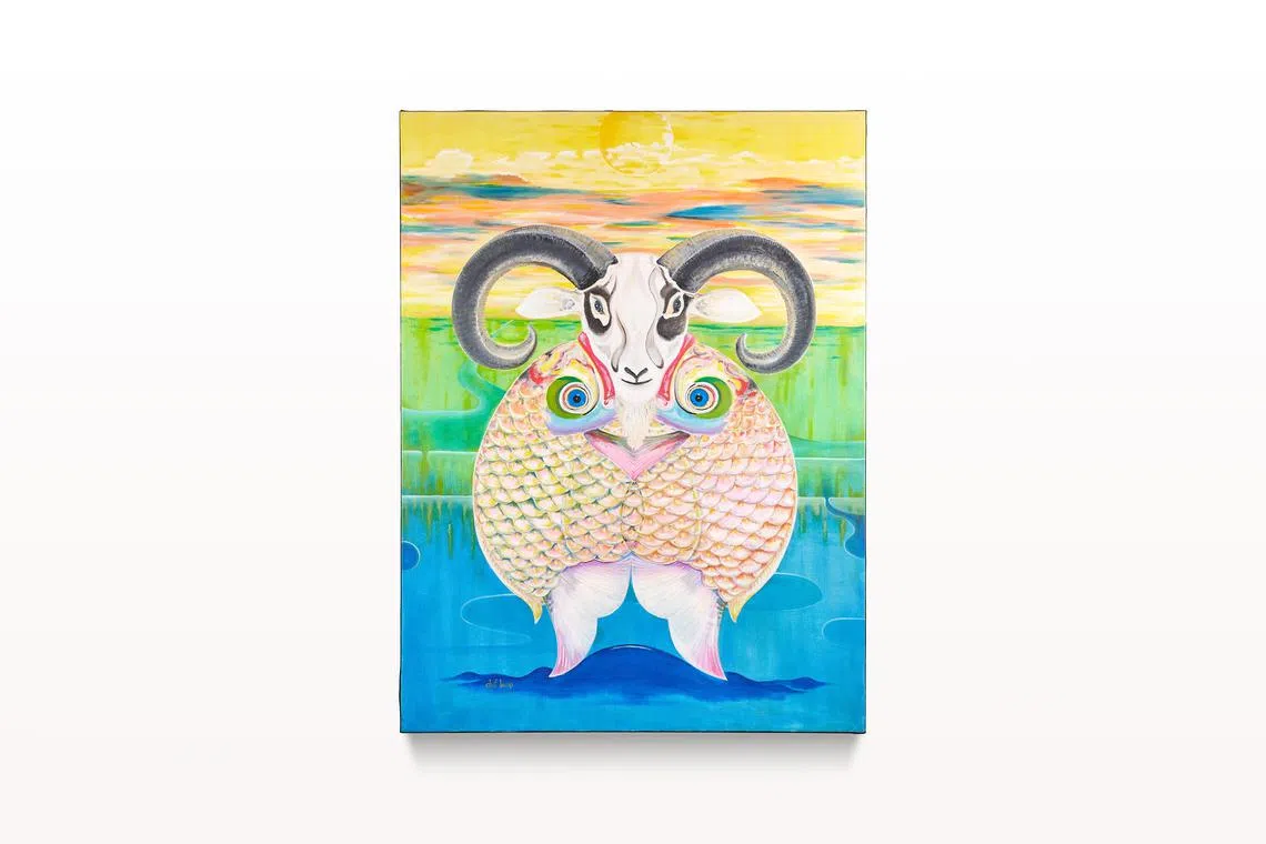 画作《鲜》透露了梁师傅属羊又是双鱼座。（酒店提供）
