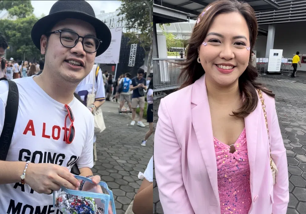 Herianto（左）和Lyza Samartino（右）是从印度尼西亚和菲律宾来支持泰勒丝的粉丝。（陈秋雁摄）