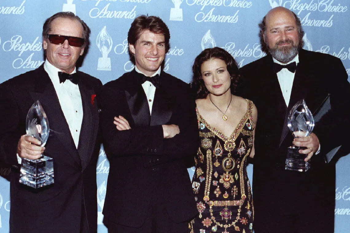 当年《军官与魔鬼》的主要演员Jack Nicholson（左起）、阿汤哥、Demi Moore和导演Reiner合照。（路透社）