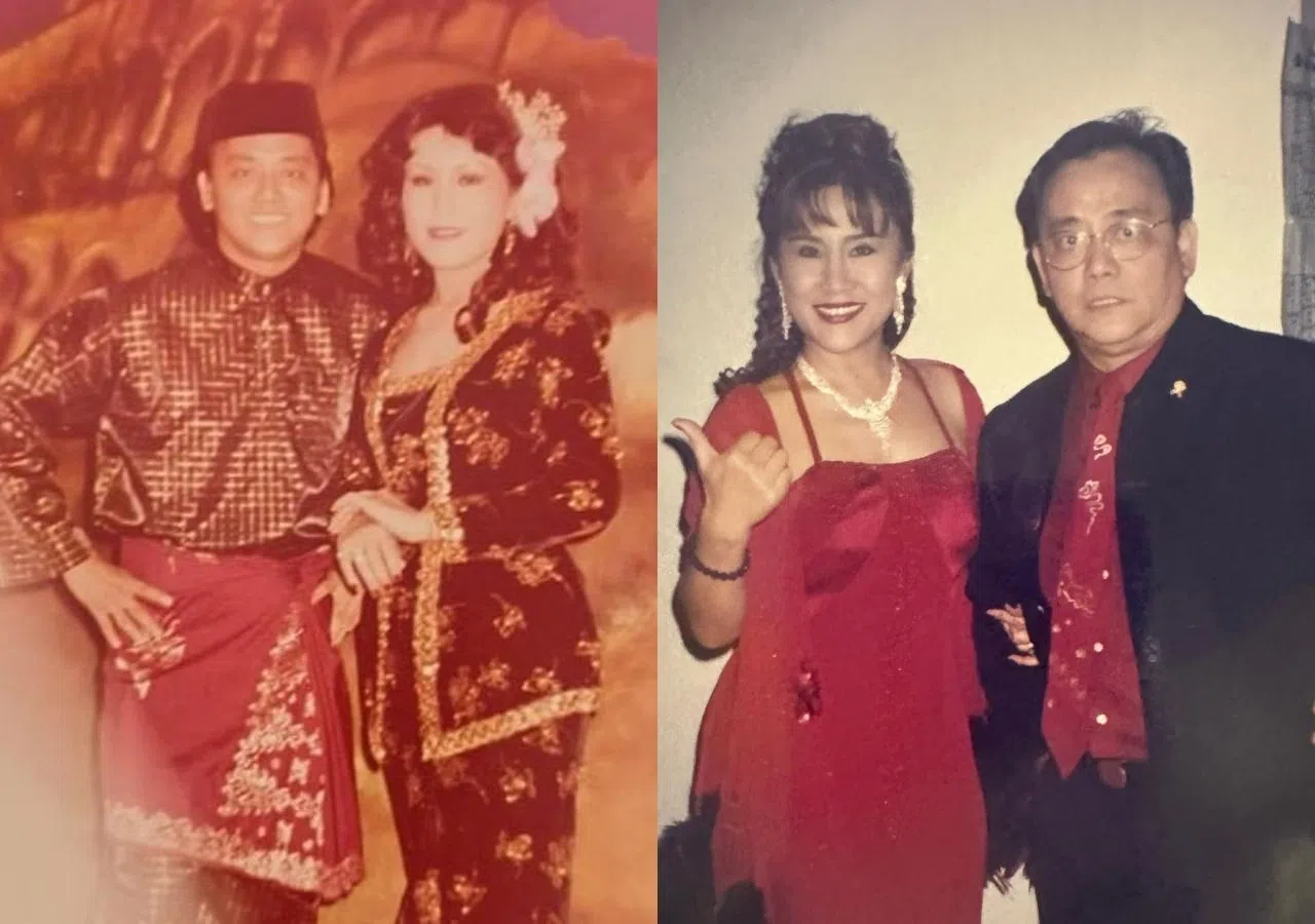 陈明佩（左图右、右图左）当年和谢金石参与电视台歌舞秀演出。（陈明佩提供）