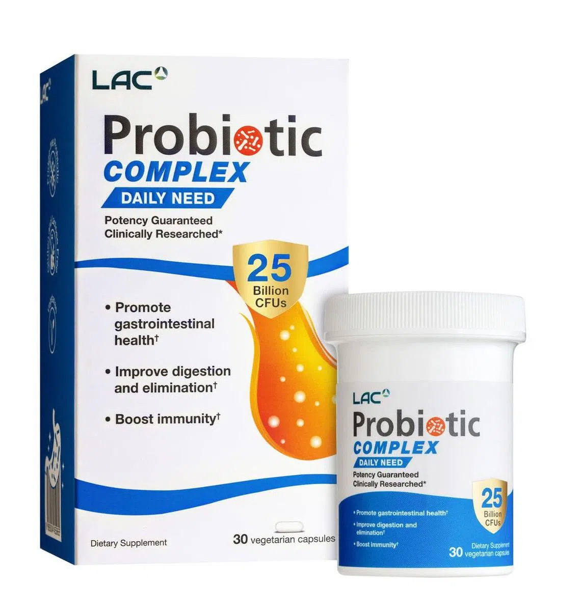LAC Probiotic Complex含有乳酸杆菌和双歧杆菌这两大菌属的14个菌株，CFU达250亿。（品牌提供）