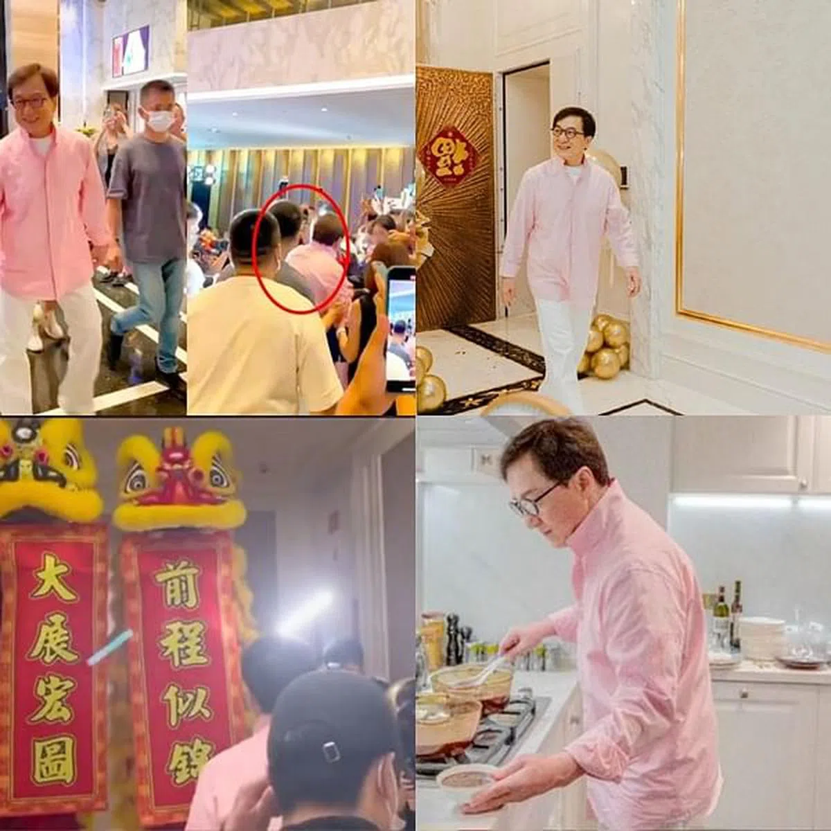 成龙在交房当日于新居出现，楼盘安排热闹的仪式欢迎他，吸引许多粉丝到场。成龙更亲自下厨招待朋友。（视频截图）