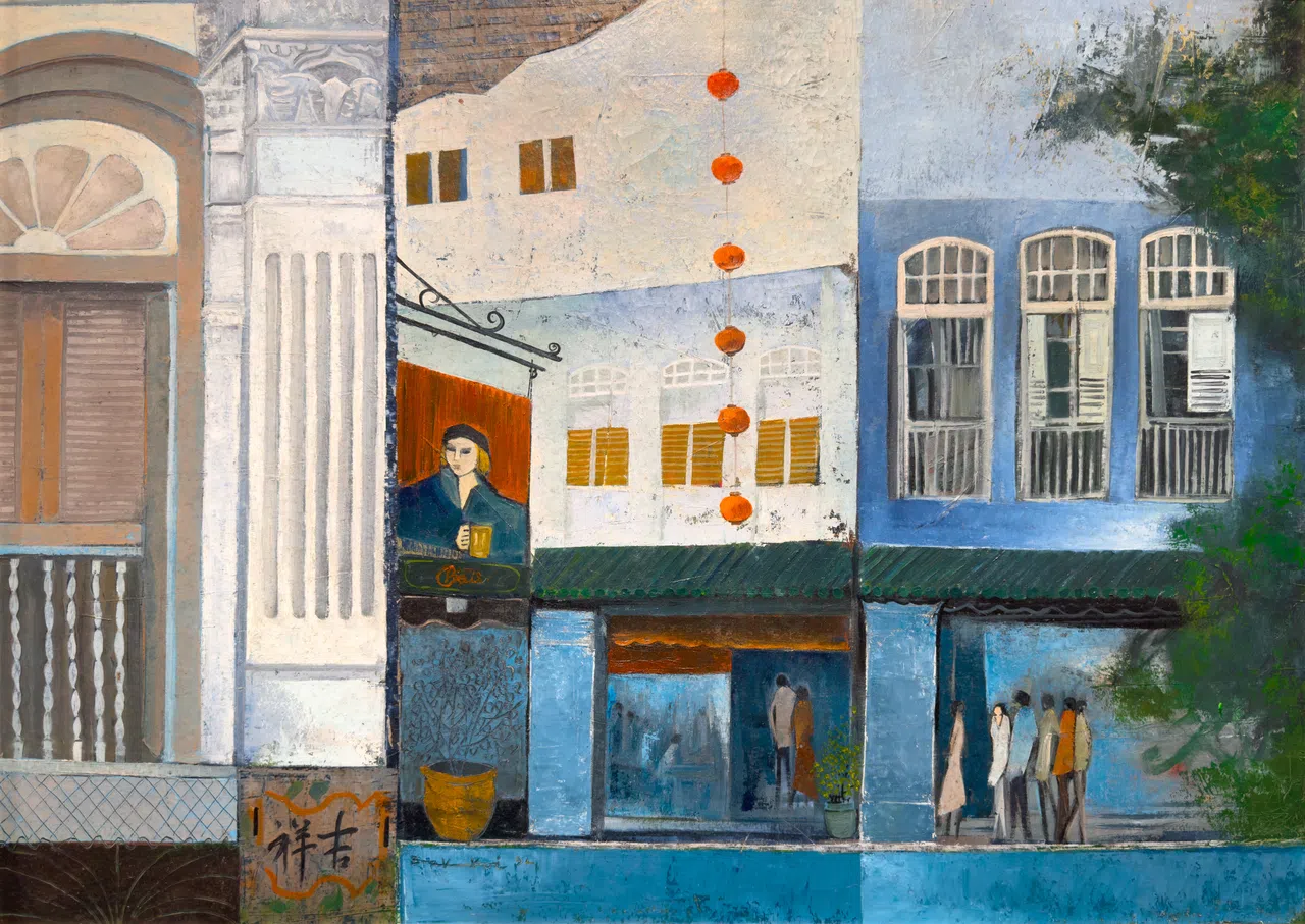 郑木奎油画《丹戎巴葛》（1992）构图不凡。（嘉合画轩提供）