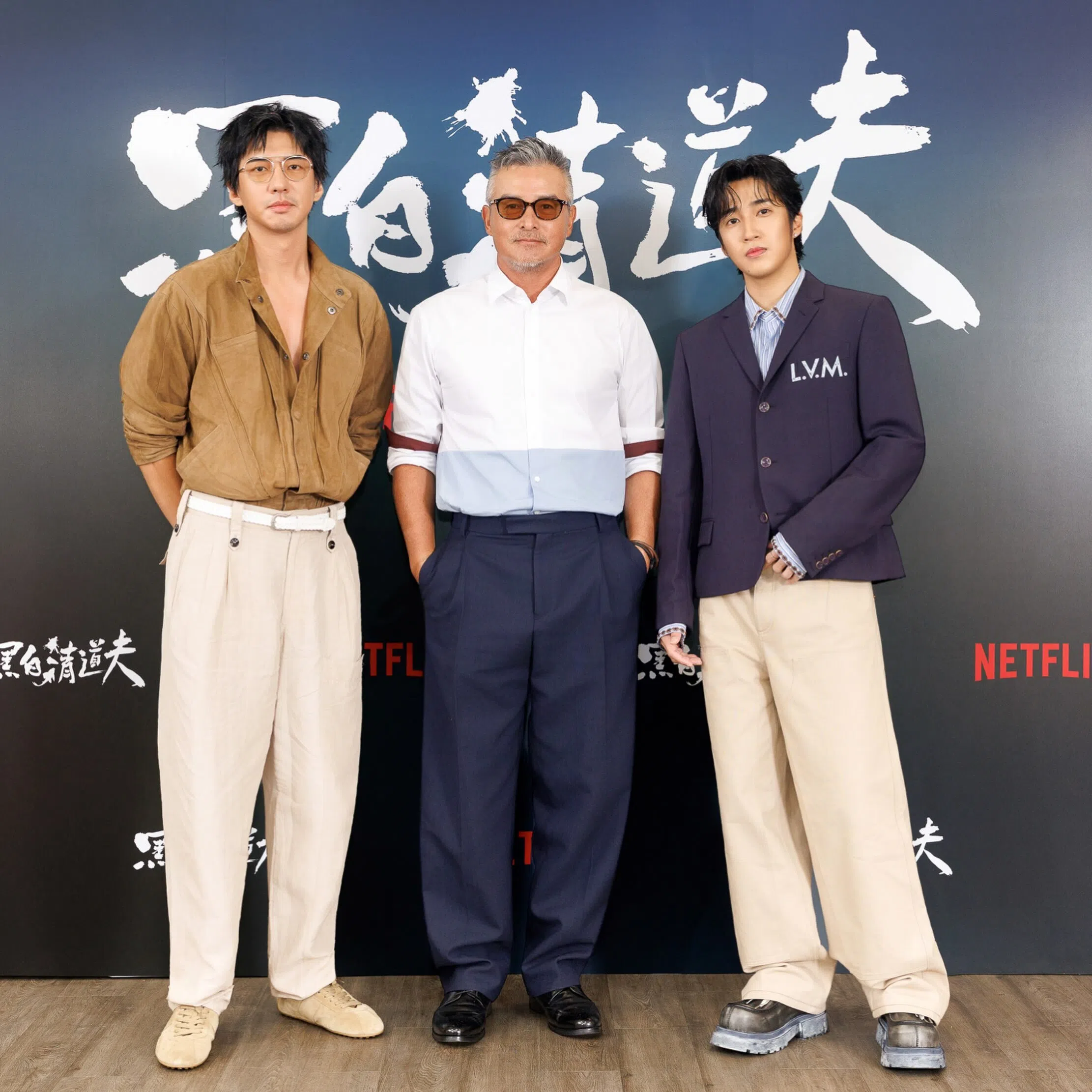 金钟视帝李铭顺（中）、傅孟柏（左）和娄峻硕8月24日出席犯罪动作影集《黑白清道夫》的记者会。（取自李铭顺IG）