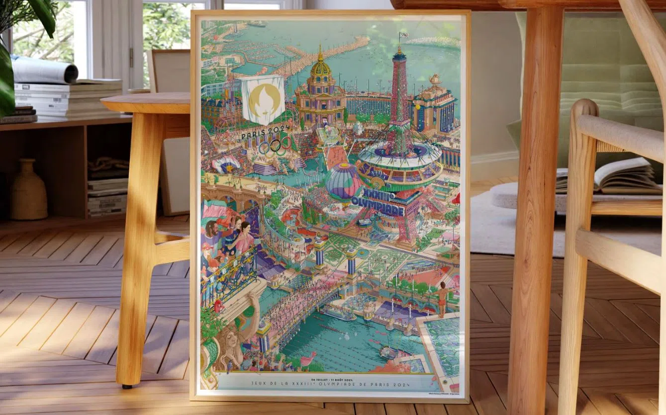 乌戈·加托尼操刀设计的巴黎奥运海报，精工绘出纷繁绚丽的奇想都市。（取自官网）