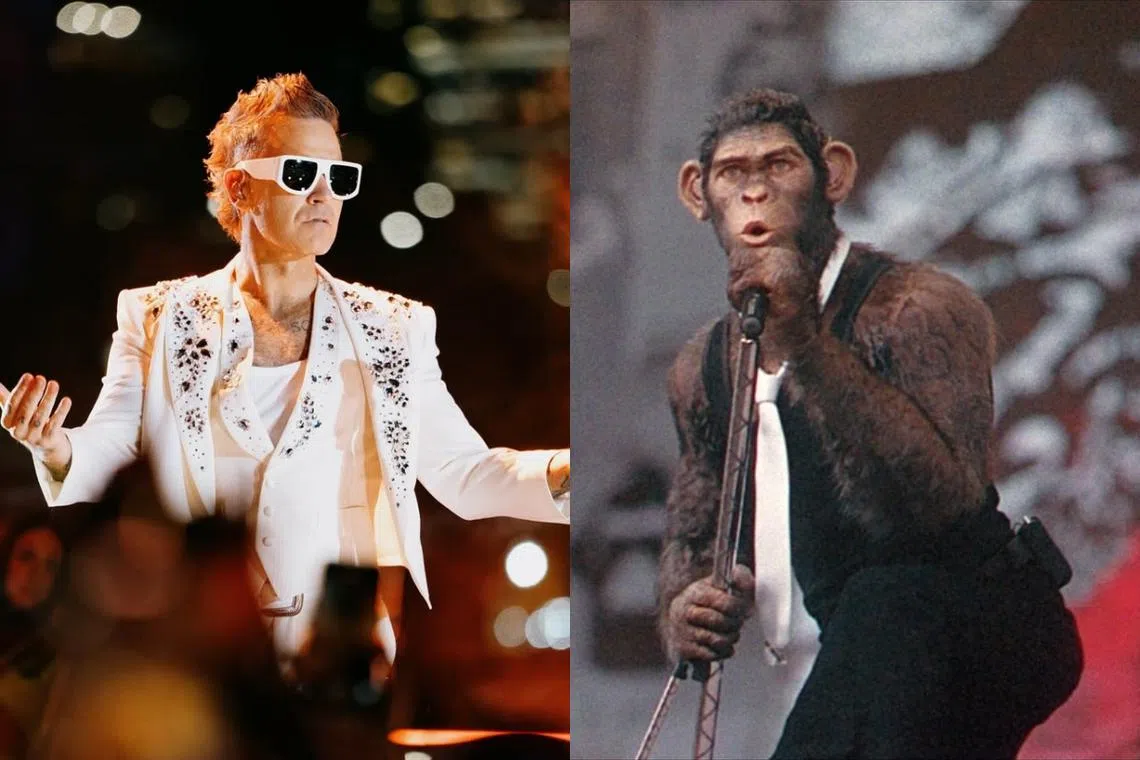 罗比威廉斯（左图）在电影中化身黑猩猩（右图）。（取自艺人和Better Man电影IG）