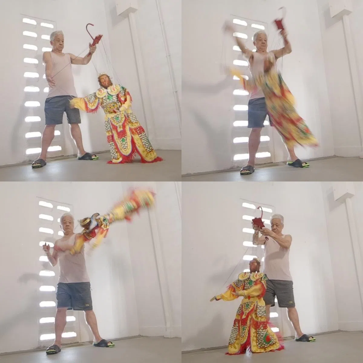 新和平木偶班班主，杨来好现场表演孙悟空翻跟斗。（游万贵摄像）