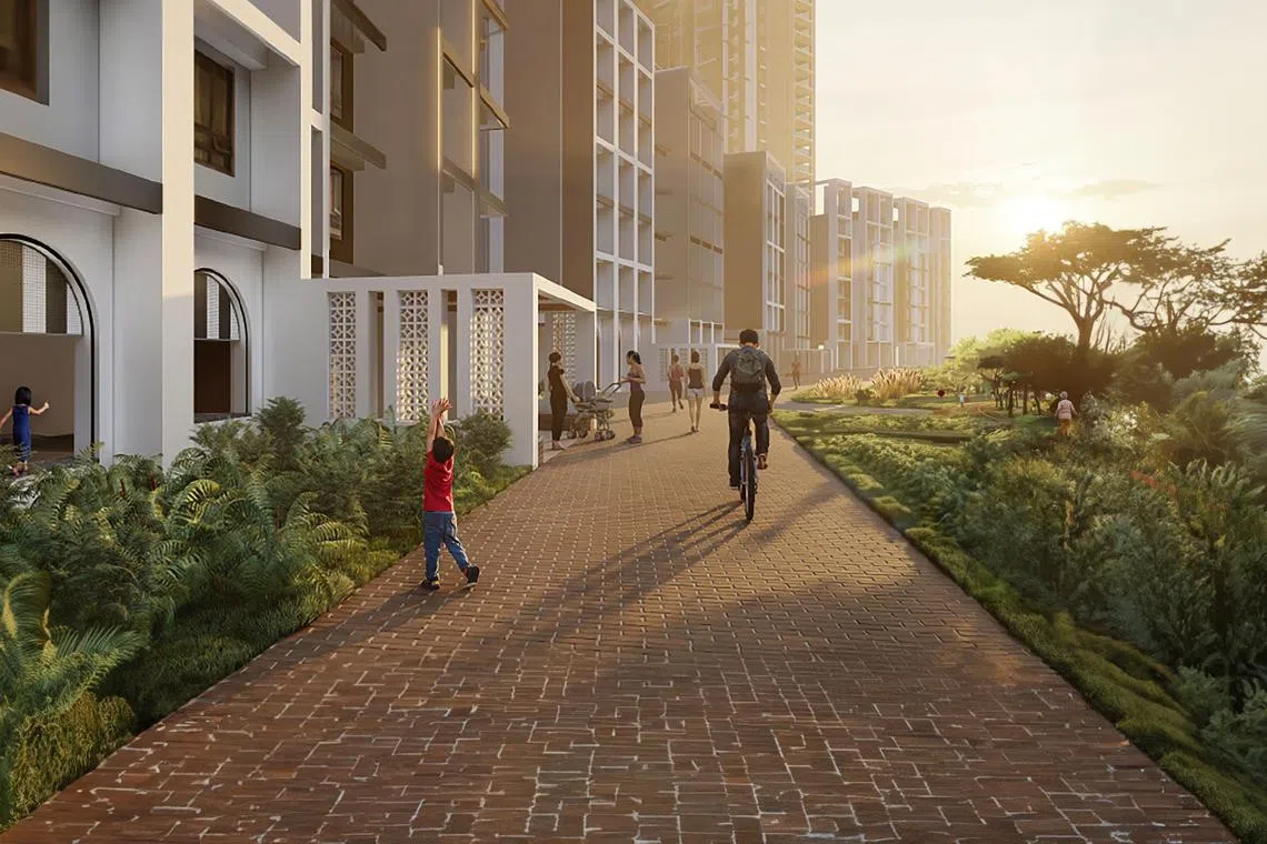 女皇镇预购组屋Queensway Canopy预计2028年第四季完工，这个项目由建屋局建筑师设计。（建屋局构想图）