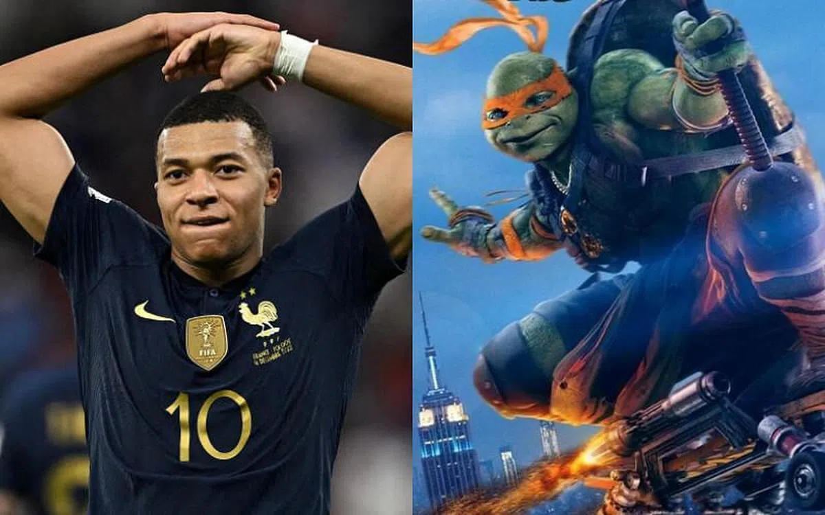 法国巨星姆巴佩（左）就与美国漫画中的忍者神龟（右）形象十分相似。（路透社/取自脸书）