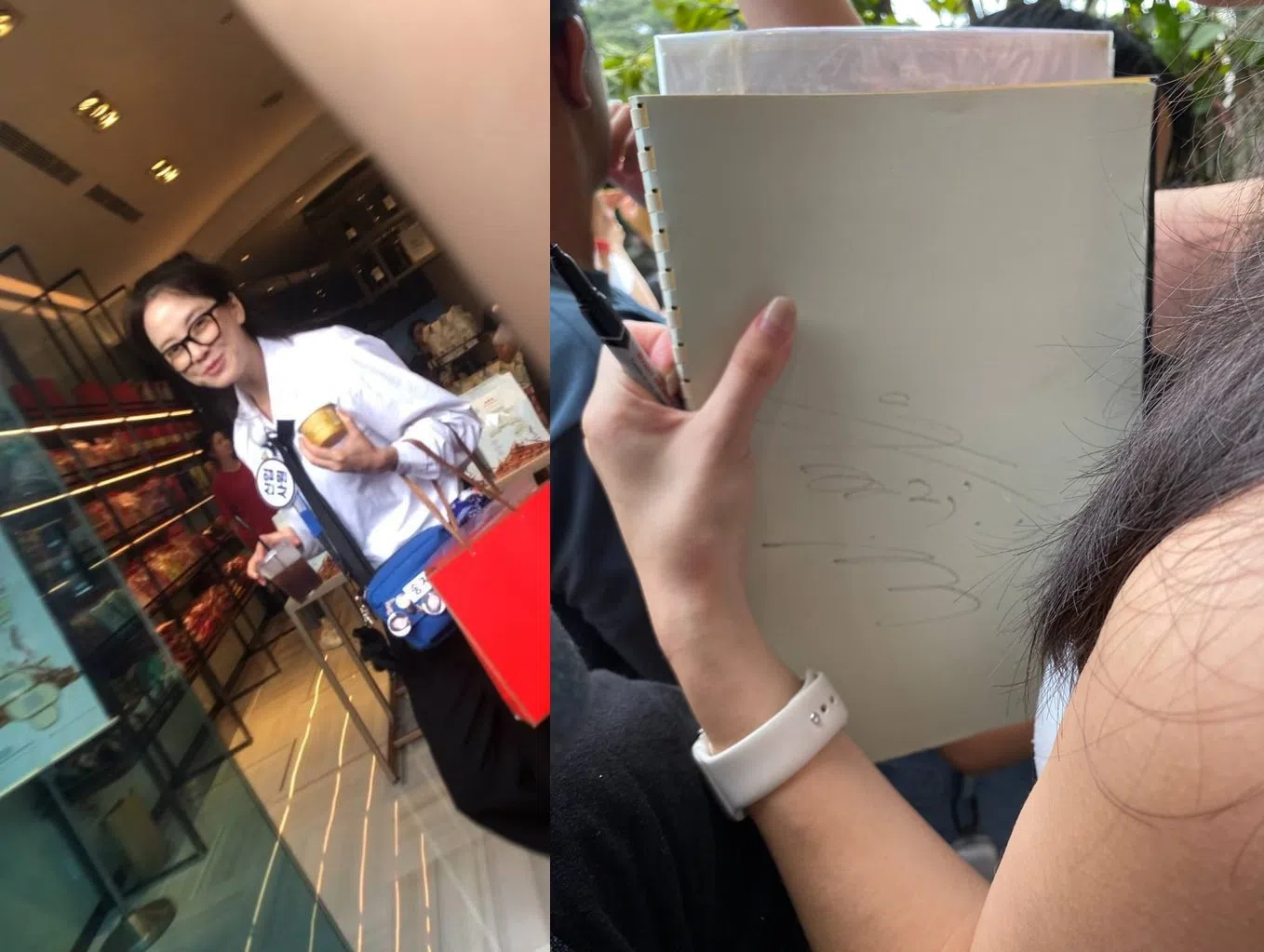 王小姐大赞宋智孝（左图）“皮肤很好”，还有幸运粉丝在现场拿到刘在锡的签名（右图）。（受访者提供）