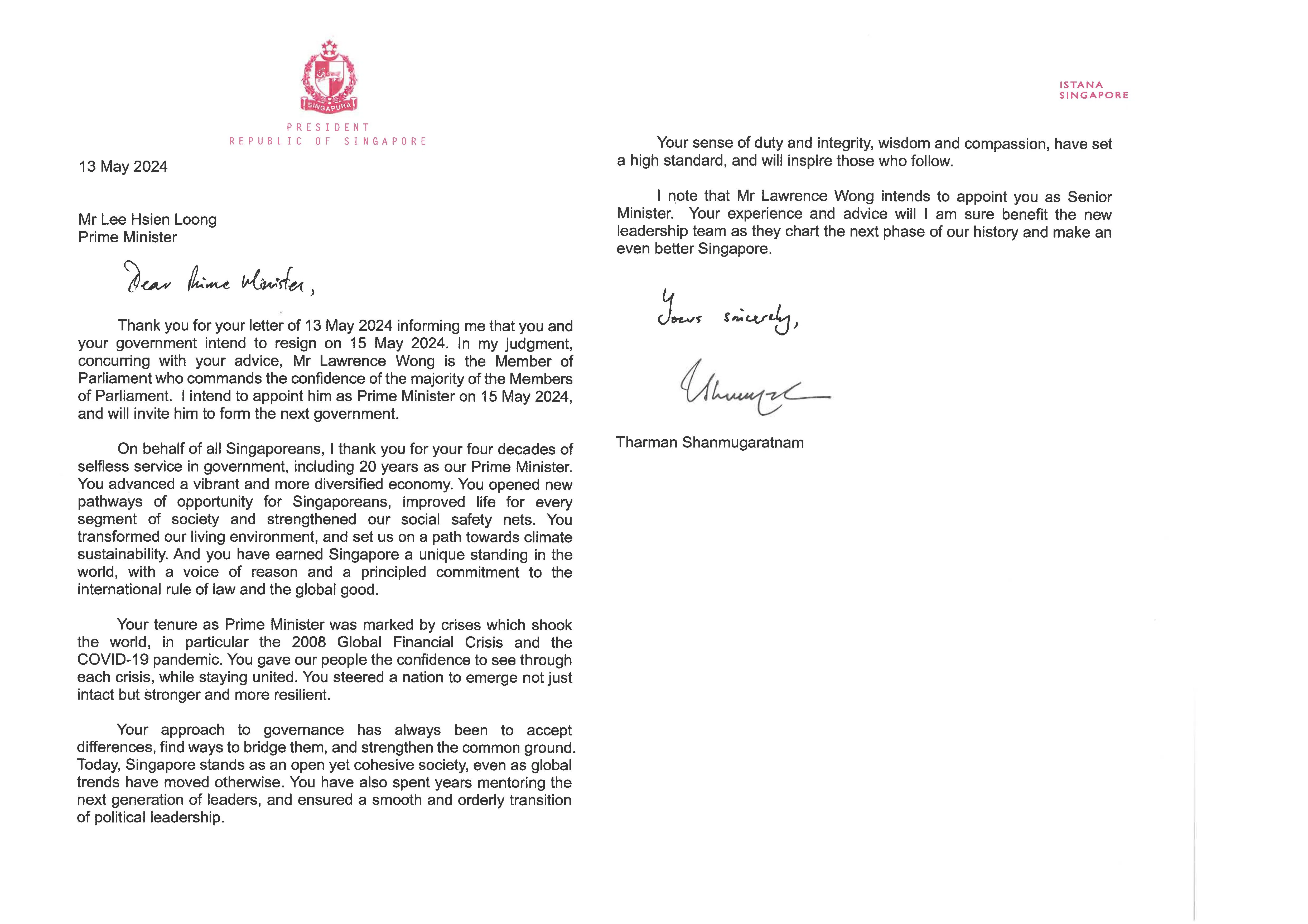 尚达曼总统在回信中表扬李显龙总理为国家的付出。（总统府提供）