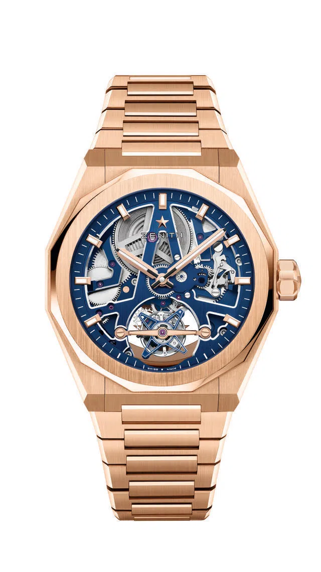 真力时陀飞轮镂空天际腕表，把旋转擒纵系统推到舞台中央，玫瑰金表壳为整体增添温度与重量感。（真力时提供）