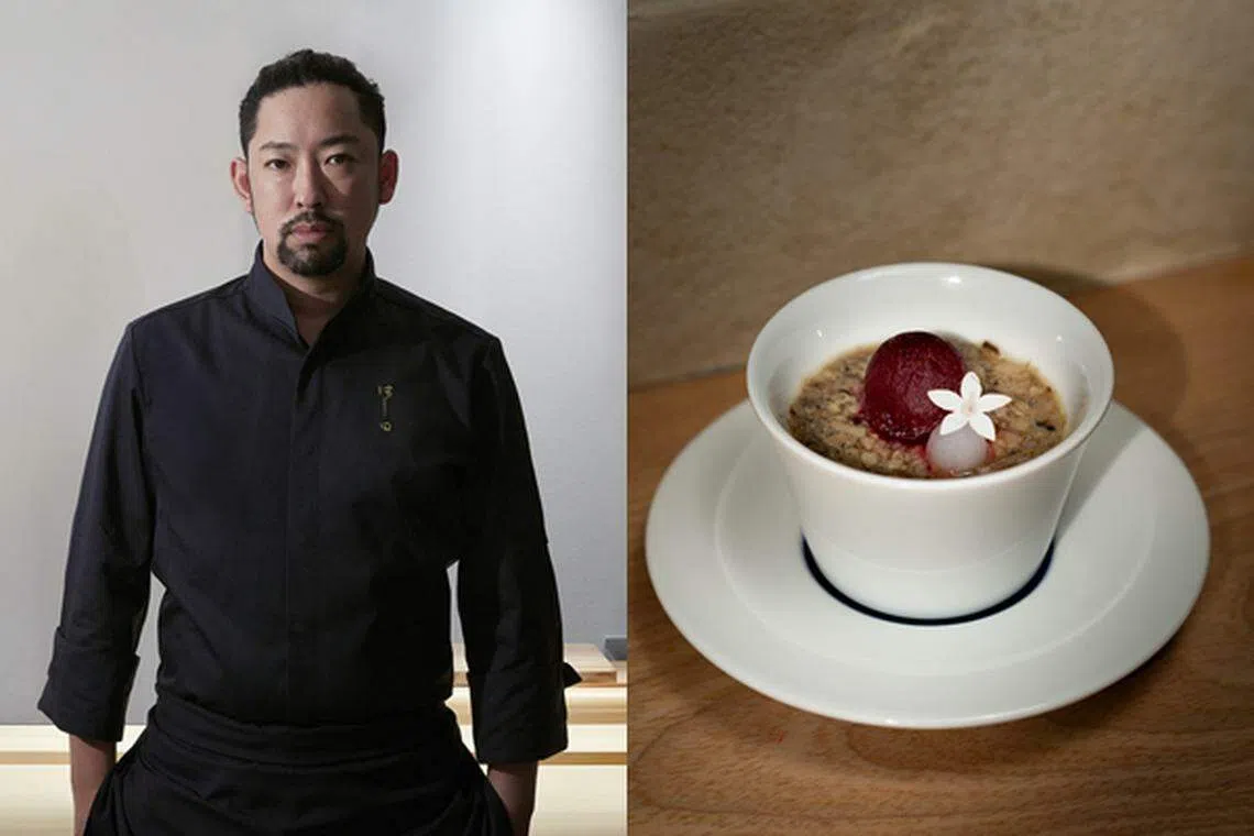 桥田新加坡创办人兼主厨桥田健二郎（左图），不断创作新颖日料，如蓝纹乳酪茶碗蒸（右图）。（餐馆提供）