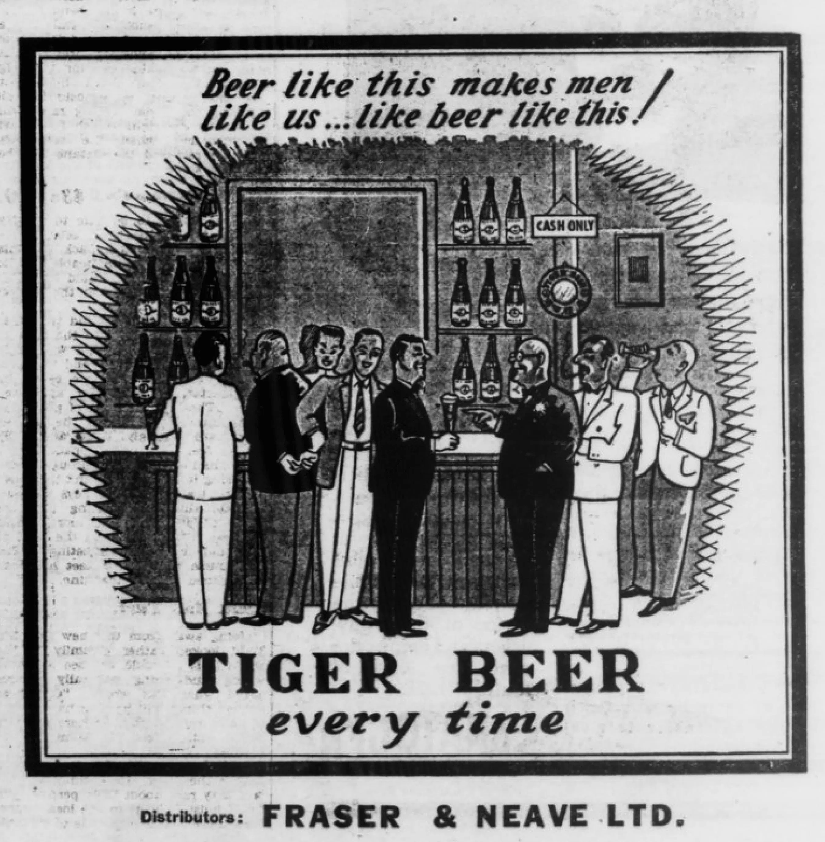 虎牌啤酒于1932年在新加坡面世，由喜力与星狮集团合作推出。图为虎牌啤酒的早期广告。（档案照片）