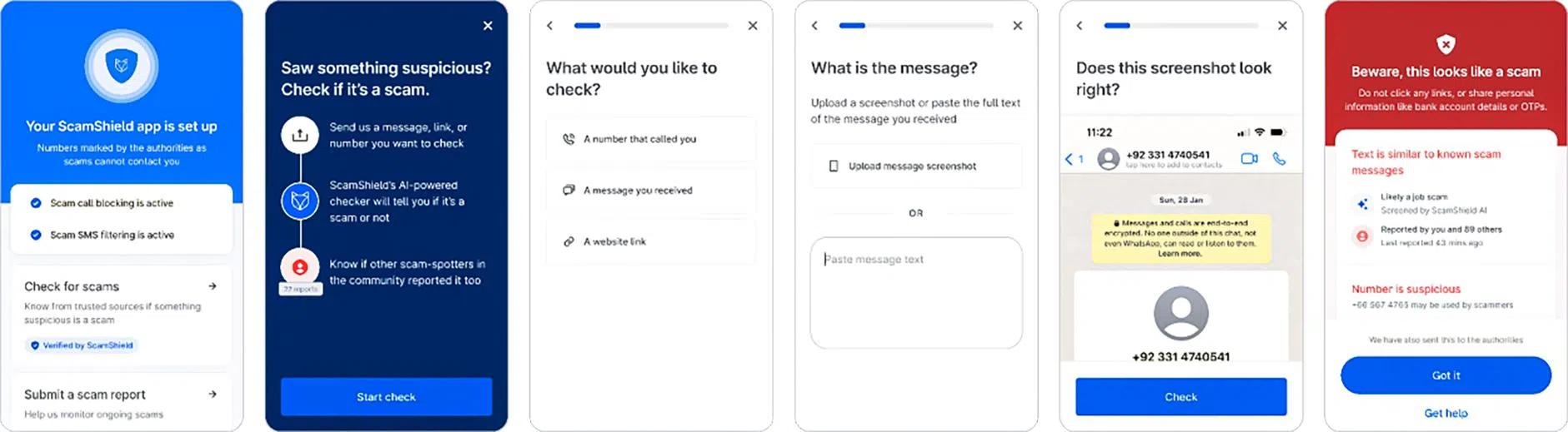 公众不确定时可点选信息或上传截图，应用就能识别是否诈骗以及属于哪种诈骗类型。（新加坡警察部队提供）