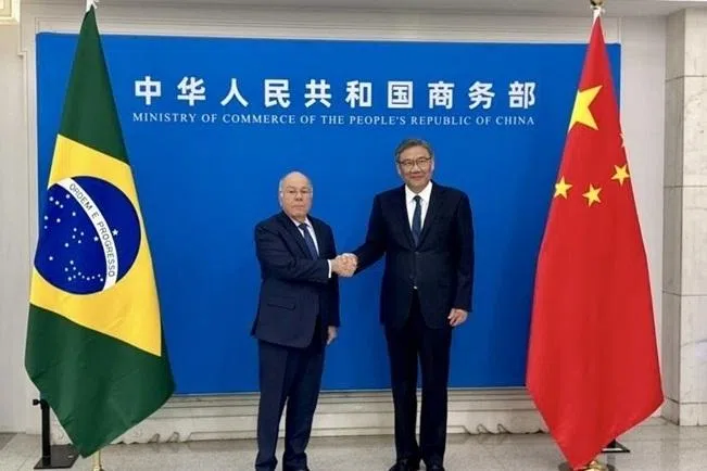 巴西外长维埃拉（左）星期一（6月1日）在北京与中国商务部长王文涛会面。（巴西外交部X平台）