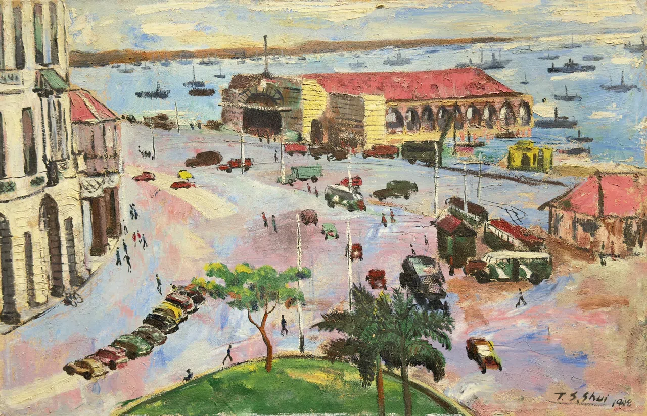 许铁生油画《新加坡红灯码头》（1948），电车轨迹可见。（品艺画廊提供）