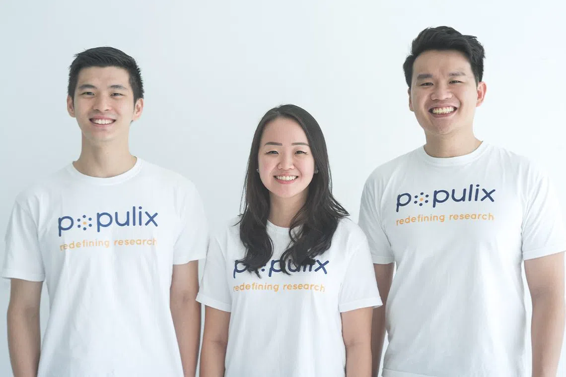 Populix首席科技官郭发明（左）是联合创始人之一。其他两名联合创始人是郭爱兰（中）与总裁提莫西（右）。（受访者提供）