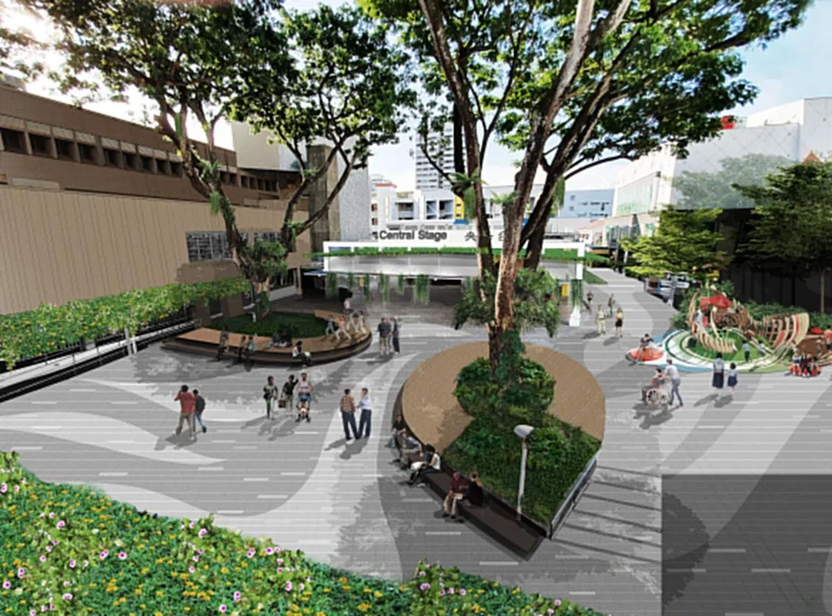 翻新完成后，宏茂桥中心中央舞台一带将种植更多花草树木，也会增建歇脚处。（构想图/宏茂桥市镇理事会提供）
