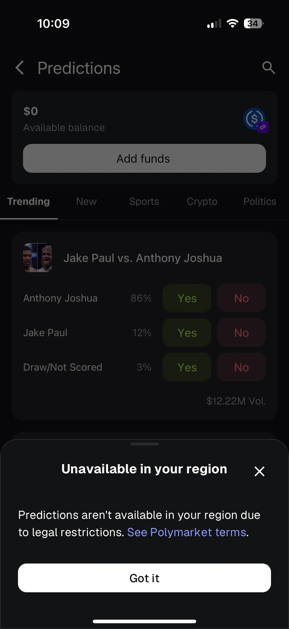 MetaMask允许用户在平台内直接预测和交易各种事件，包括体育、政治等。如果用户的所在地是新加坡，则无法使用相关服务。（MetaMask App截图）