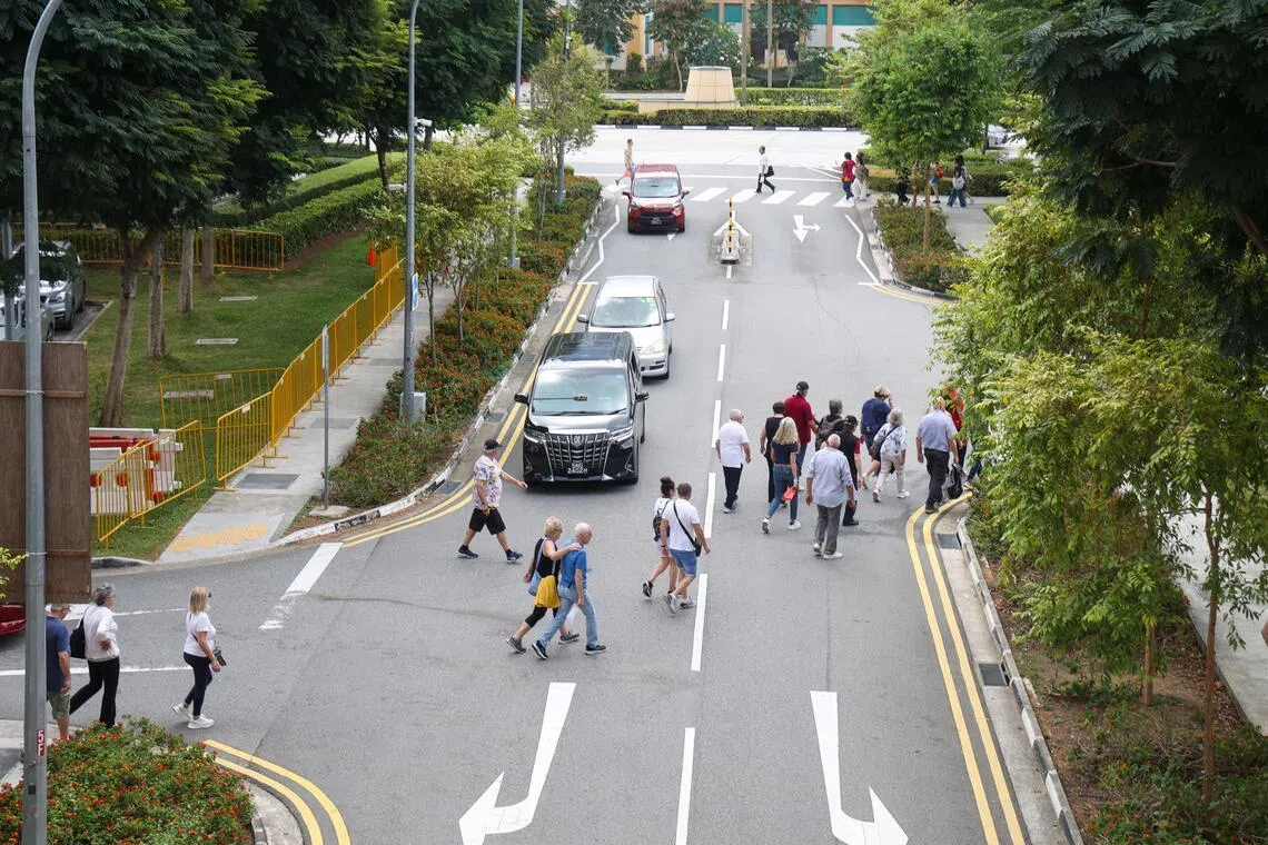 事发路段距离佛牙寺不远，处于高人流地段，不断有游客途经这里。图中一名导游正在引导游客过马路，这条路不远处设有斑马线。（吴先邦摄）
