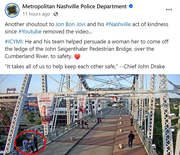 纳什维尔警方在官方脸书发文称赞Bon Jovi（图中红色圆框内右一）。（脸书载图）
