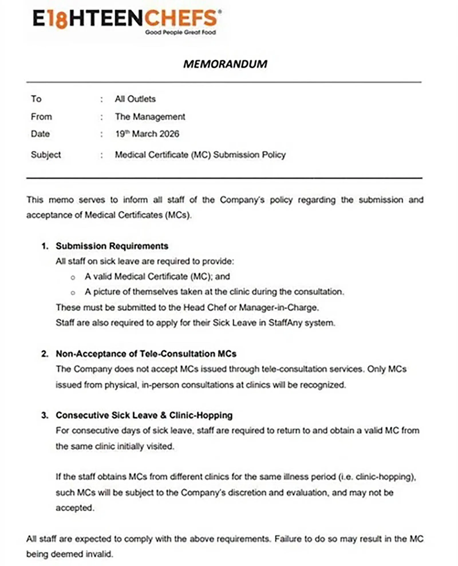 “18厨师”3月19日突然向员工发出通知，提出较为苛刻的请假条件。（STOMP）