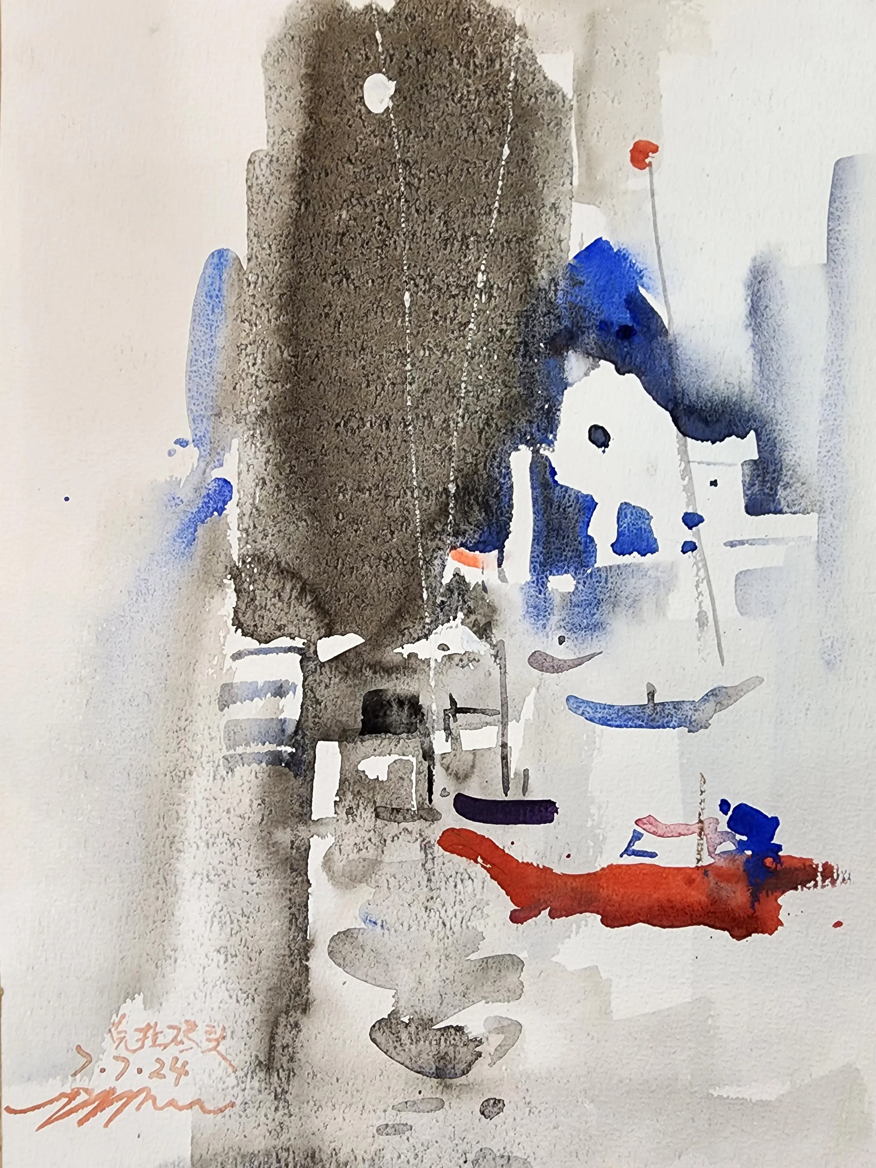 林辉忠水彩画《克拉码头》（2024）有水墨画意境。（集雅轩提供）