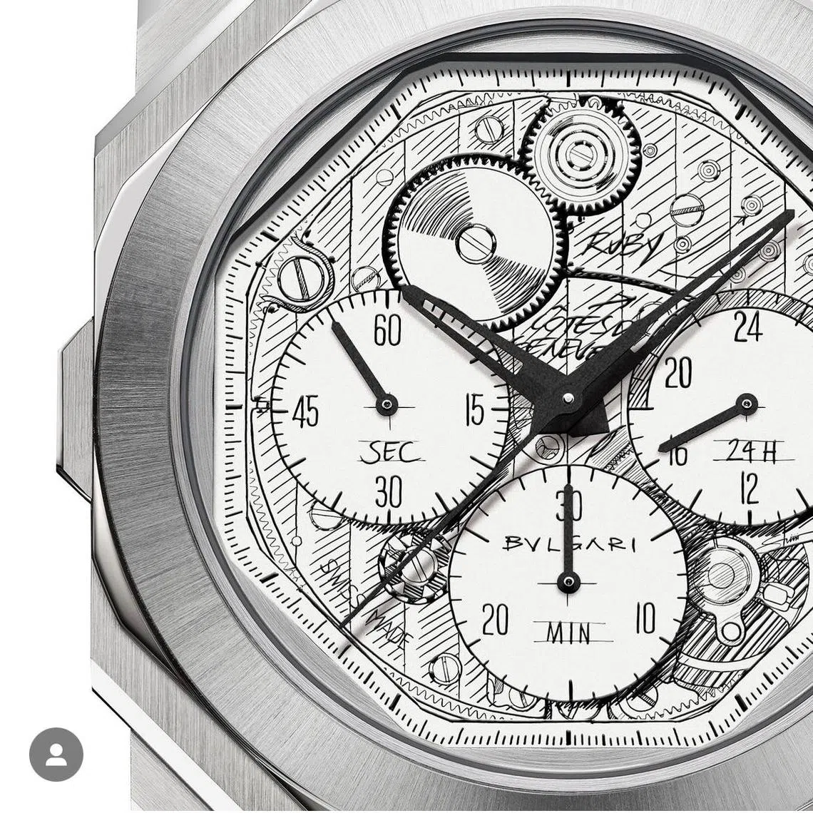 计时码表厚度略增加至8.75毫米，表盘草图展示背面机芯关键元素。（宝格丽提供）