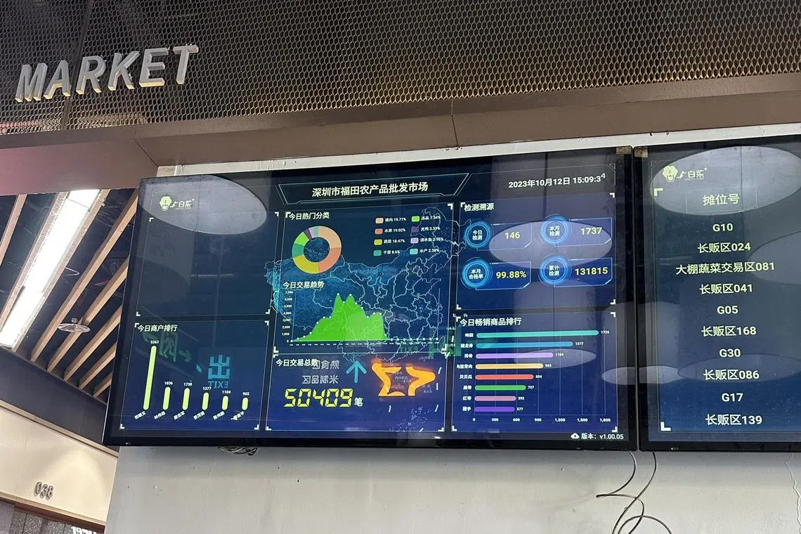深圳福田农批市场大门口，墙上显示屏滚动显示农产品均价、交易量等实时数据，为商户和消费者提供精准参考。（林煇智摄）