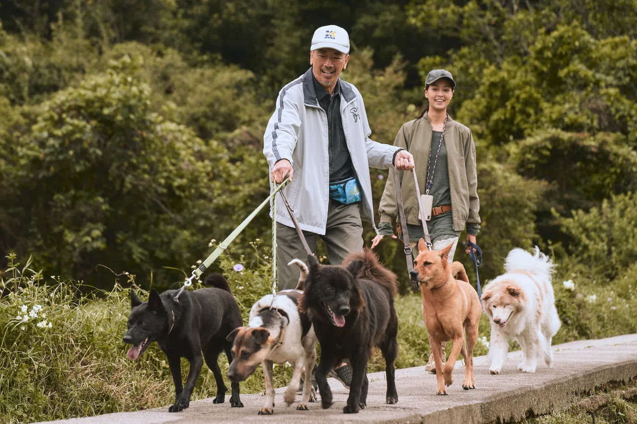 郑丹瑞（左）克服对狗儿的恐惧接戏。         （邵氏机构提供）