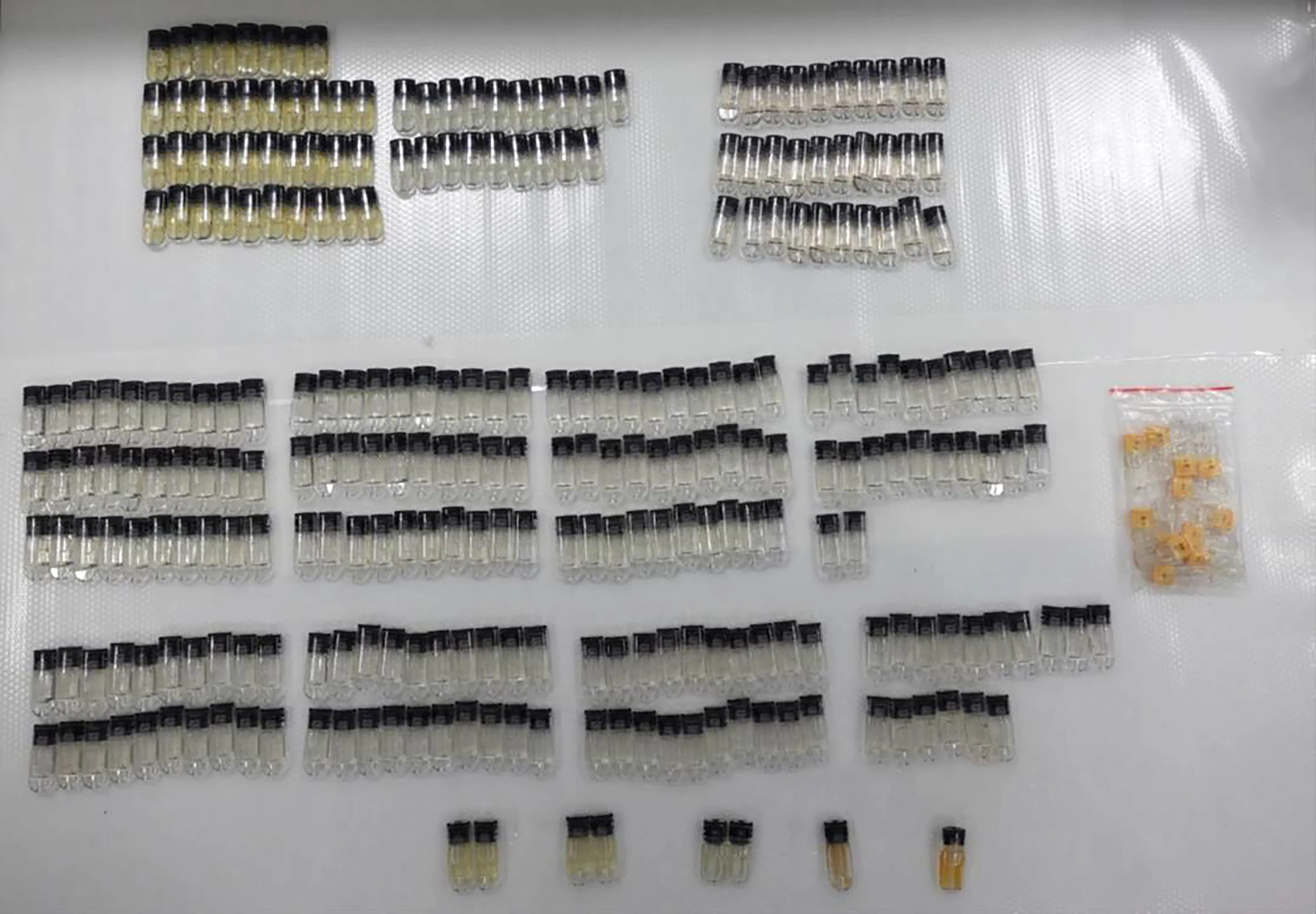 警方事发后在汽车内发现42个电子烟和超过1200个烟弹，经卫科局检测，部分含依托咪酯。图为当局起获的部分烟弹。（卫生科学局提供）