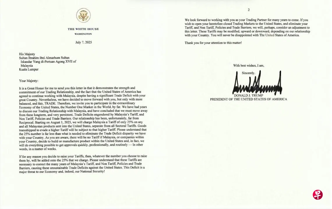 美国向马国征关税税率调高1个百分点达25% | 联合早报