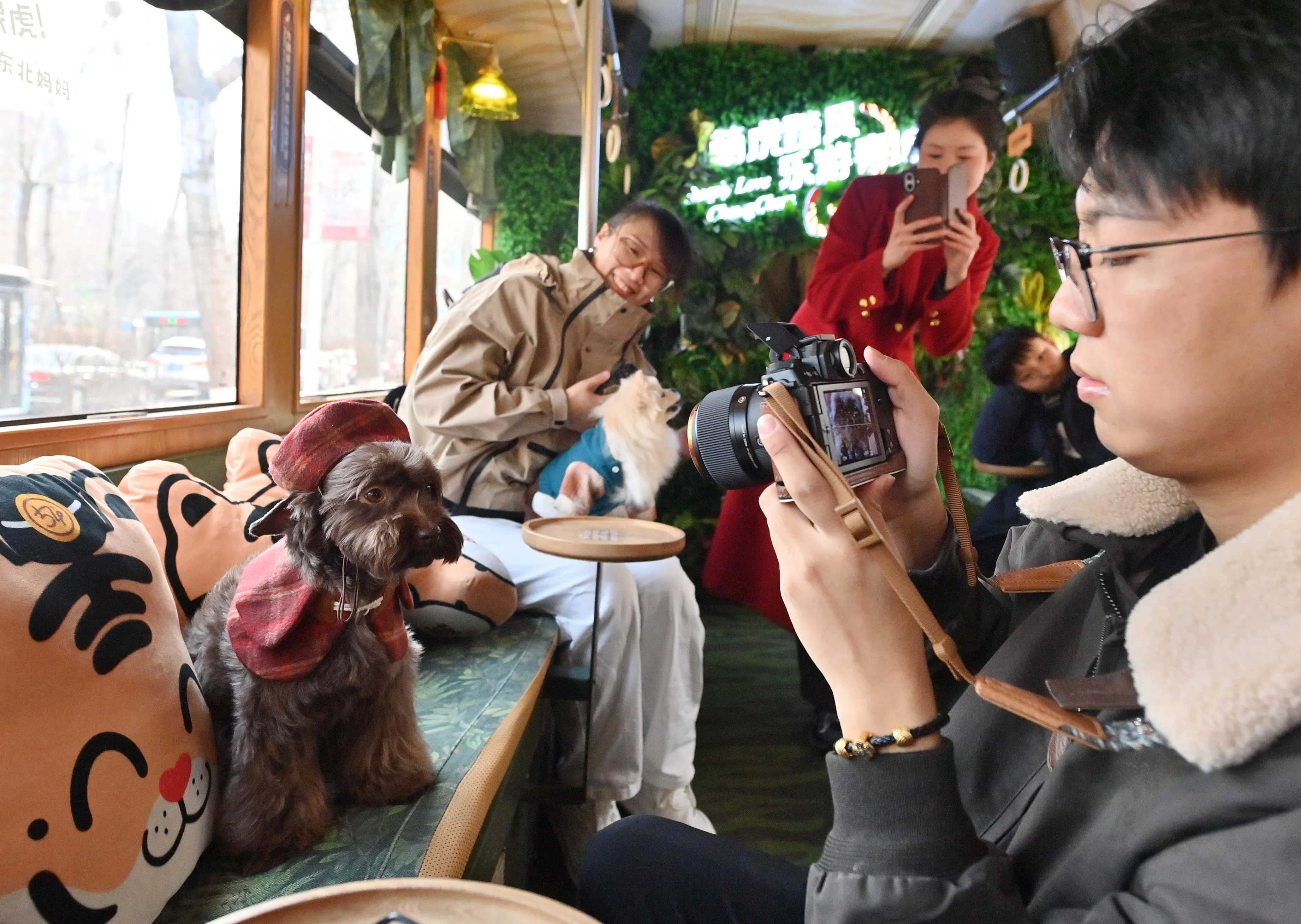 长春54路文旅东北虎专列专为宠物主人们推出携带宠物乘车的专属服务。图为宠物和主人星期天（3月16日）在车厢拍照留念。（中新社）