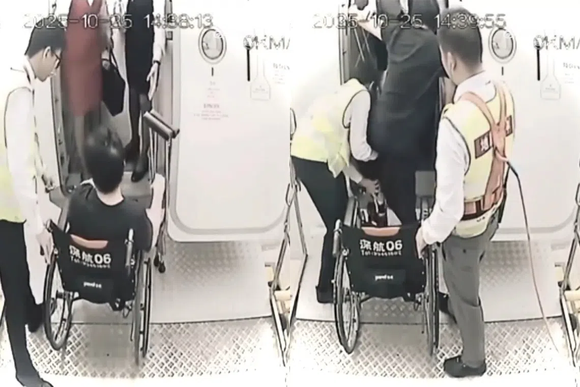 机场的监控视频中可见机场工作人员将郑智化搀扶进机舱。（视频截图）