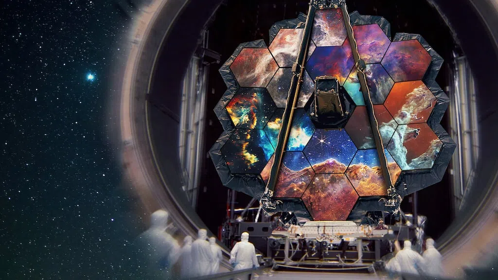 《地球未知档案：宇宙时光机》挑战将韦伯太空望远镜发射到太空中这项艰难任务。（Netflix图）