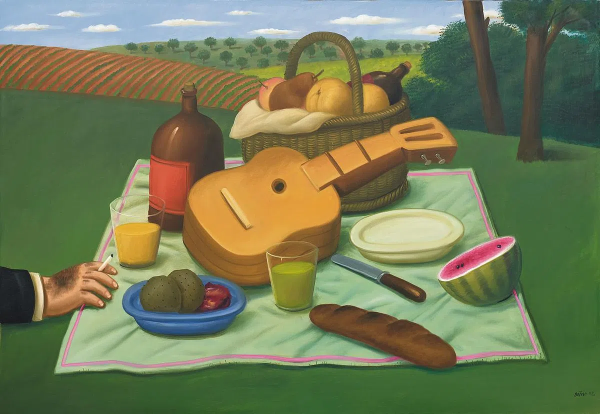 艺术家费尔南多·博特罗油画《野餐》（2002，167乘115厘米）表现日常生活。（图片由画廊提供）