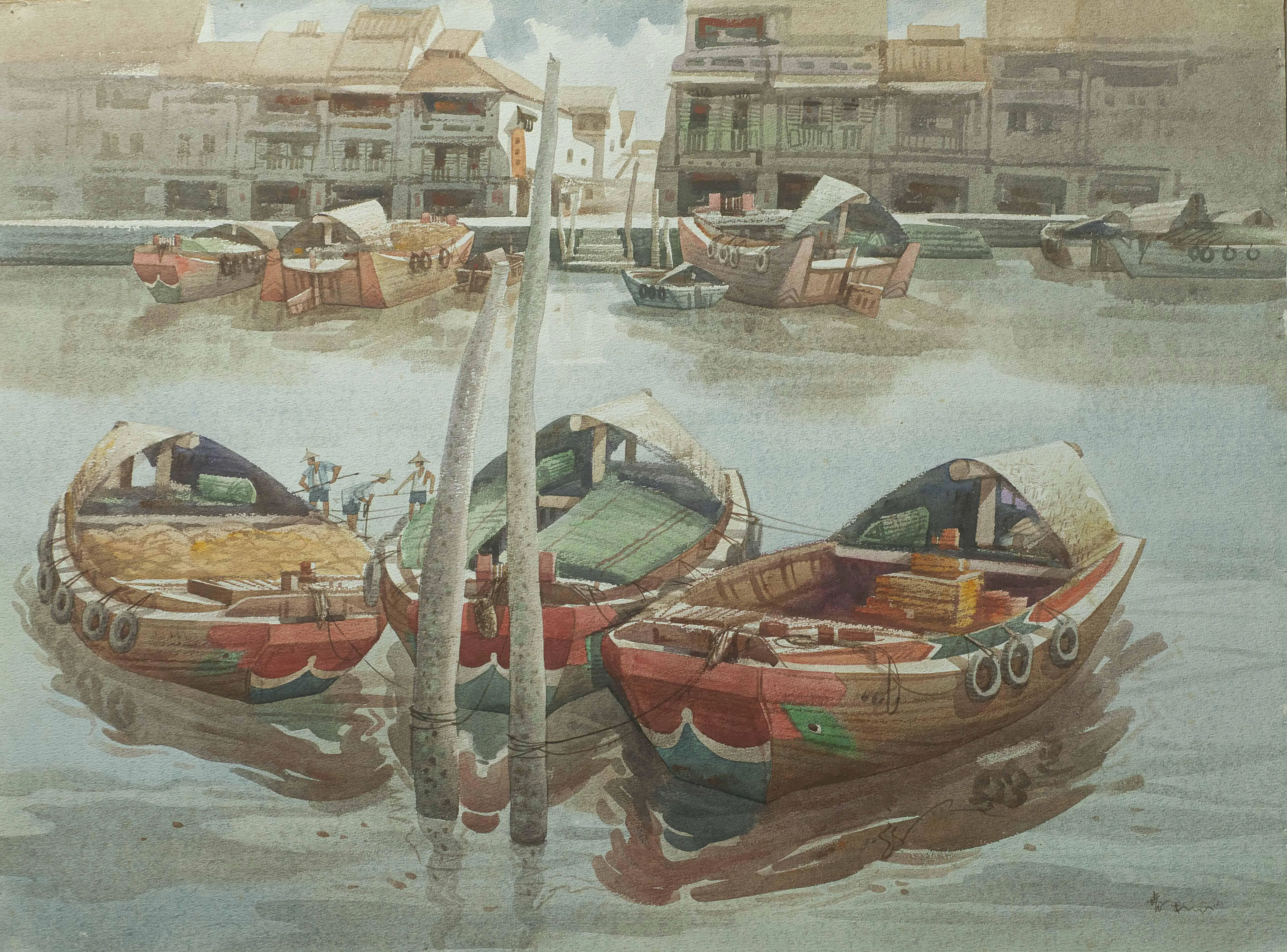 刘培和水彩画《静听水声》（1991）。（受访者提供）