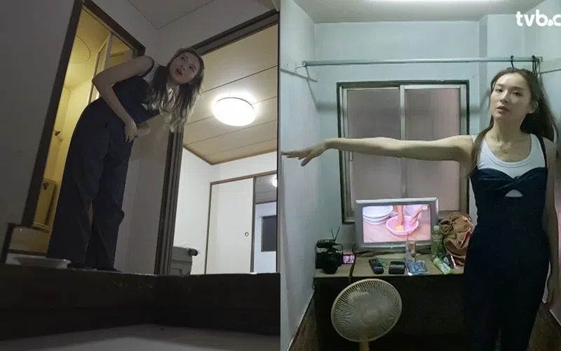 李佳芯住进凶宅后，听到门外有怪声，探头察看（左图）。她入住穷人区的廉价房，房间阔度只有一只手长（右图）。（节目视频截图）