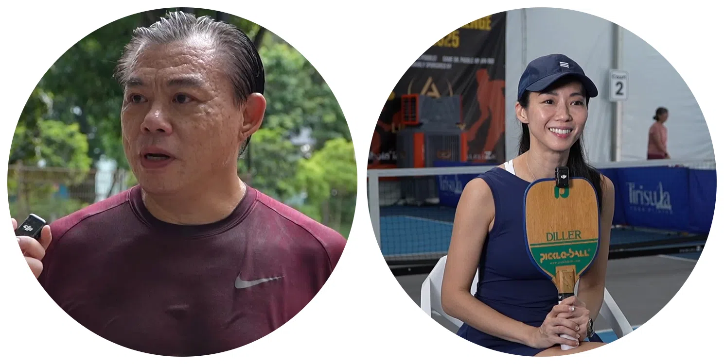 匹克球爱好者邱泰平（左）与赵彩菱：这是一项老少咸宜的运动，希望大家在适当的时间进行这项运动，避免对居民日常生活造成困扰，进而降低矛盾。希望有关当局能多开放更多室内空间供玩家进行运动，在城市规划时也将匹克球场纳入考量。（视频截图）