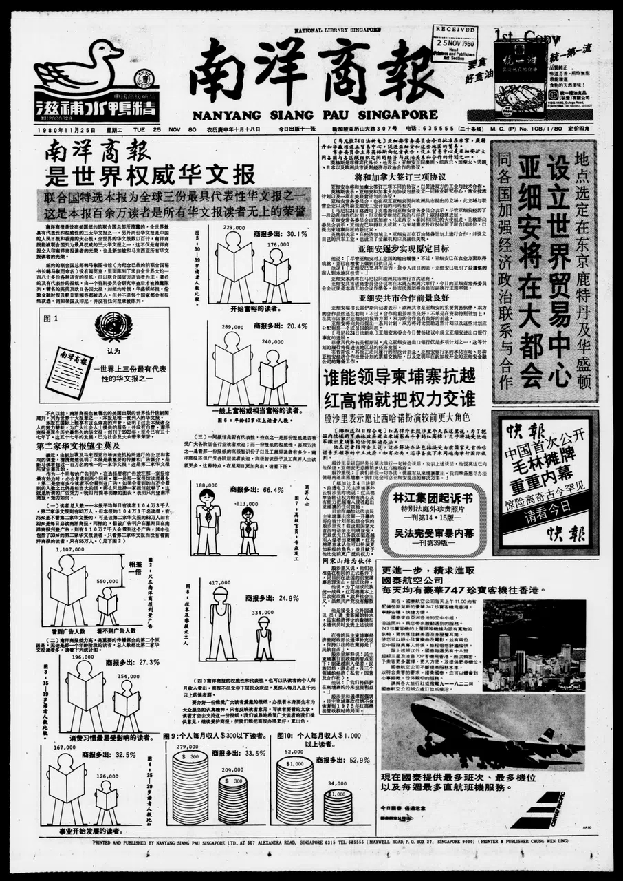 1980年11月25日，《南洋商报》刊登题为《南洋商报是世界权威华文报》，介绍报纸读者人数与销量，并同“第二家华文报”（《星洲日报》）作比较。（档案照）