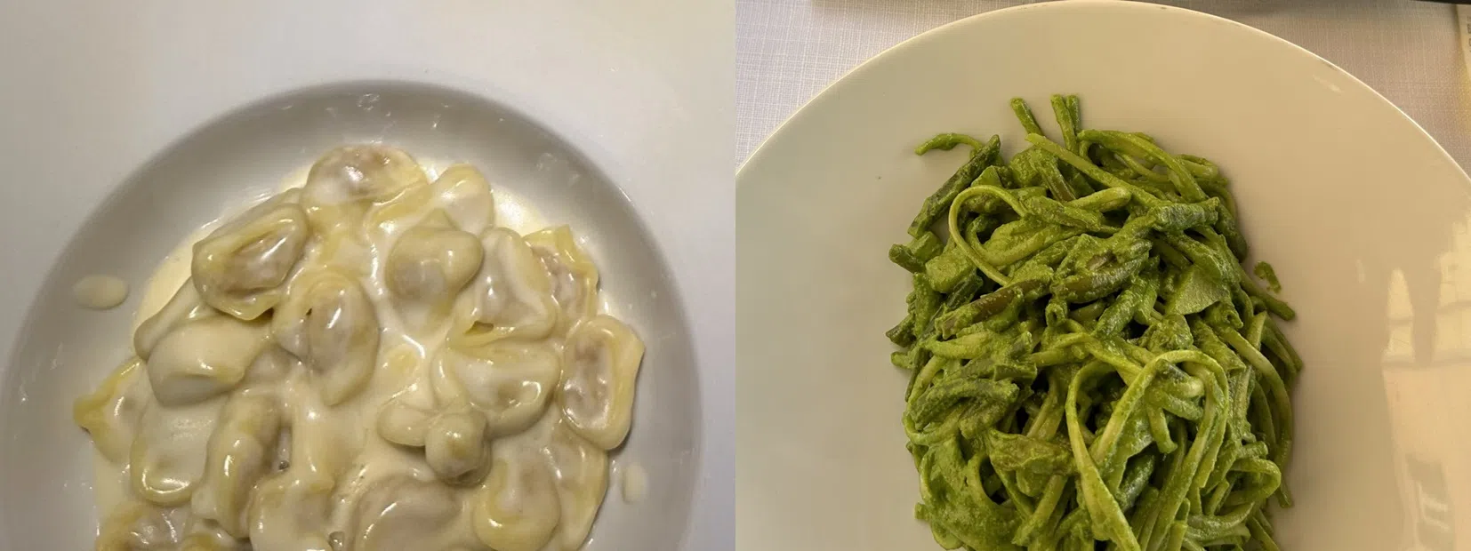 不同地方有不同风味与不同名称的意粉。左图为博洛尼亚“饺子”（Tortellini）配奶油酱；右图为利古里亚（Liguria）扁面条（Trenette）配罗勒酱。（虎威提供）